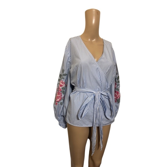 INC International Concepts Blue Striped Wrap Blouse with Pink Floral Sleeves - Picture 4 of 6